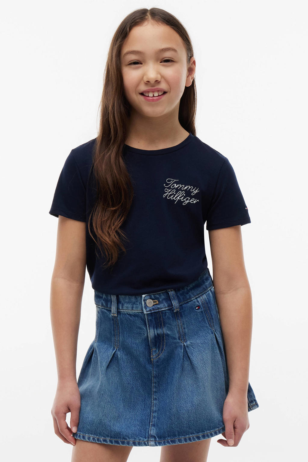 Donkerblauwe meisjes Tommy Hilfiger t-shirt van katoen met tekst print, korte mouwen en ronde hals