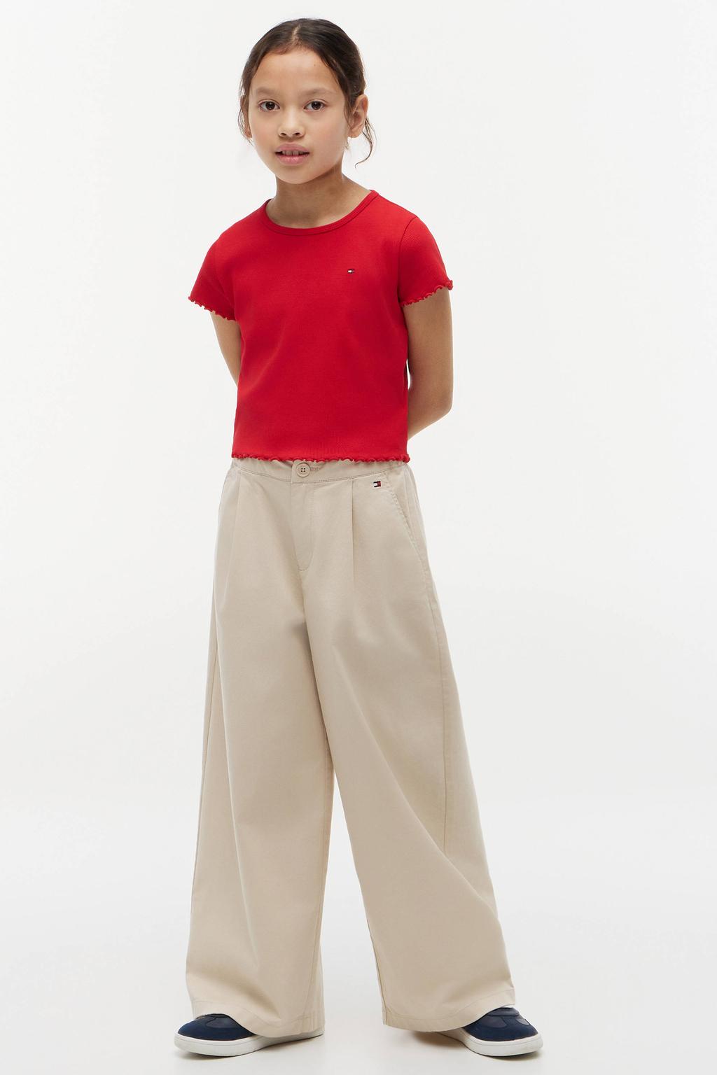 Rode meisjes Tommy Hilfiger T-shirt van stretchkatoen met effen, korte mouwen, ronde hals en golvende afwerking