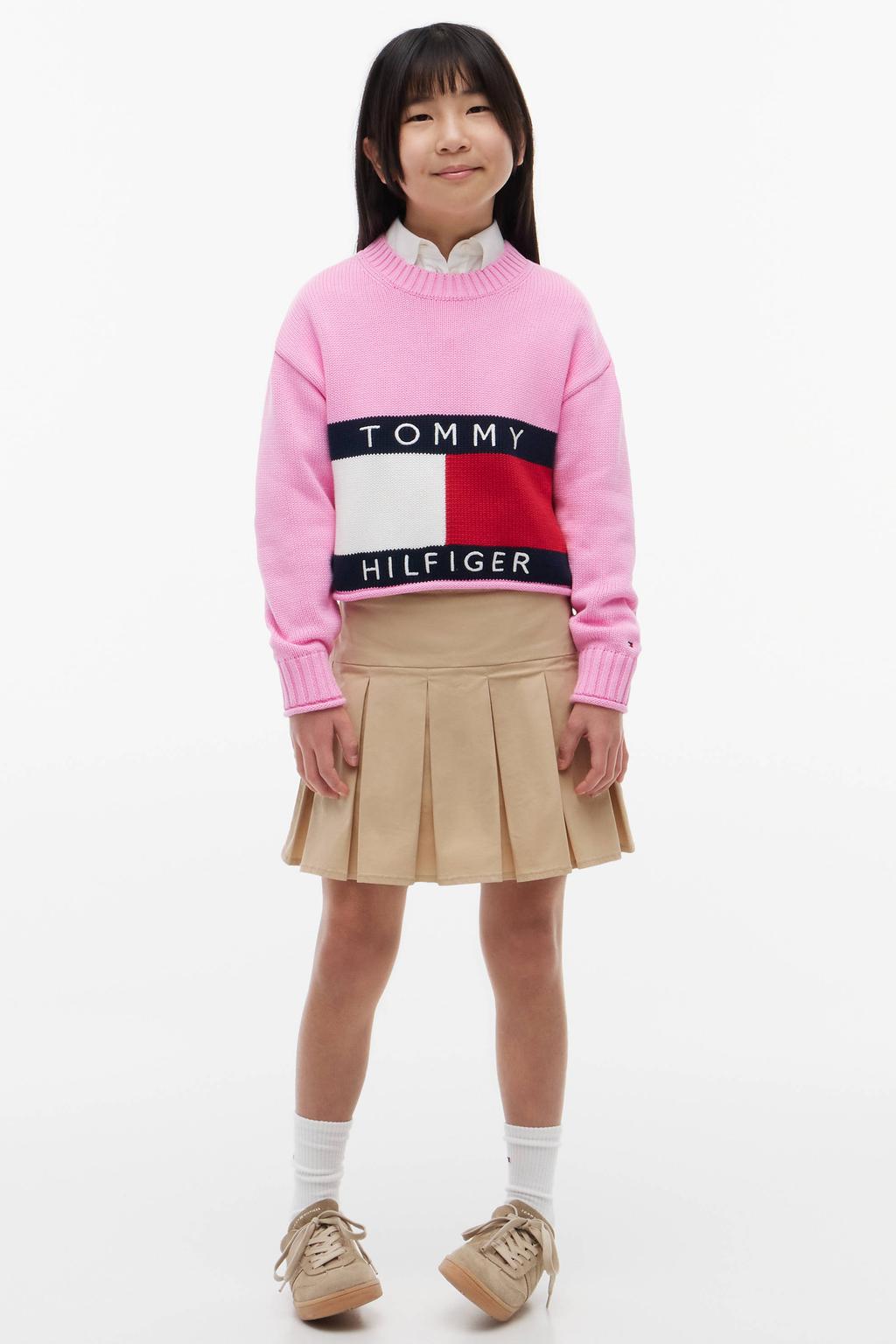Roze meisjes Tommy Hilfiger trui gebreid van sweat materiaal met logo dessin, lange mouwen en ronde hals