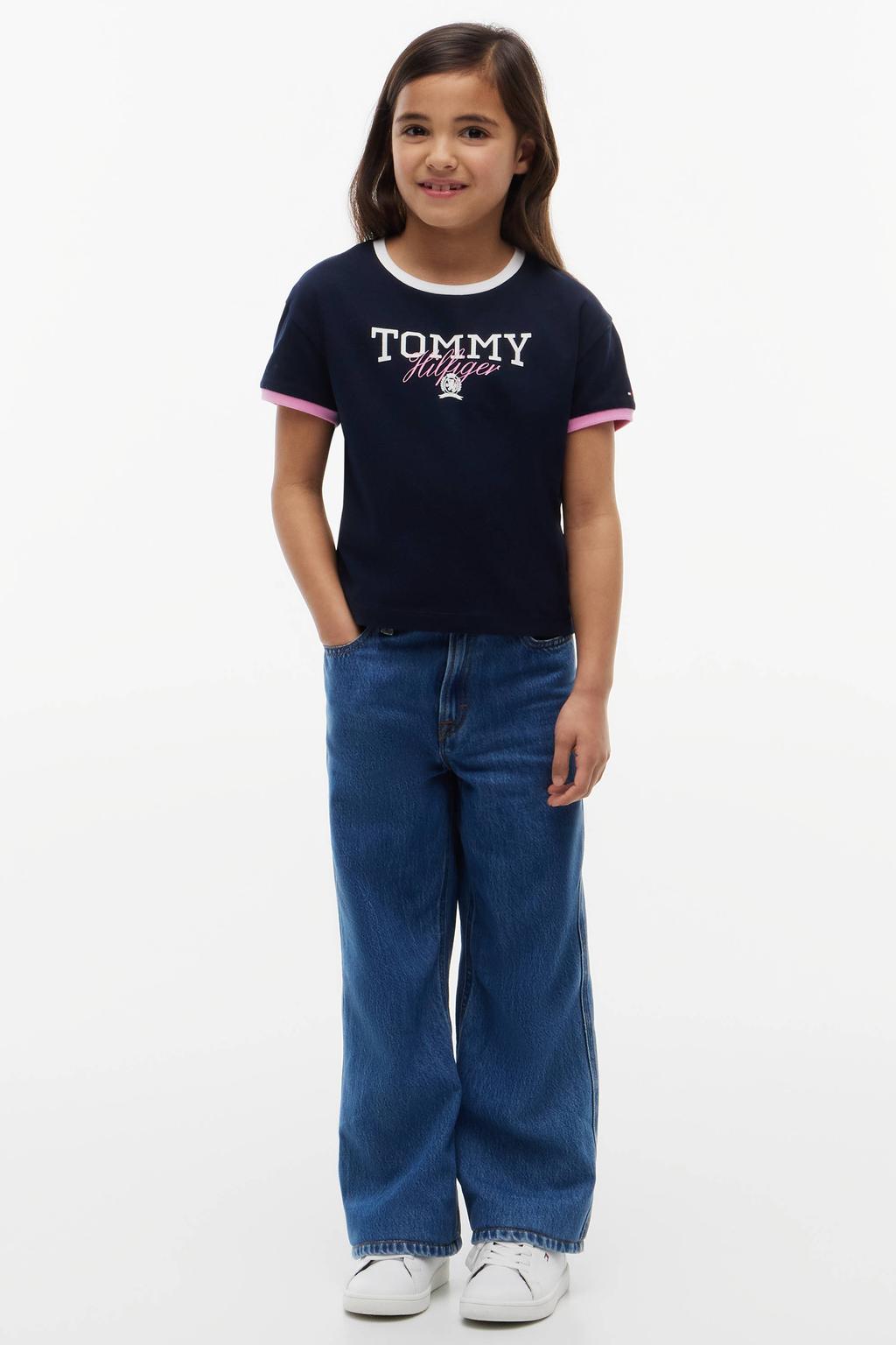 Donkerblauw, wit en roze meisjes Tommy Hilfiger T-shirt van katoen met logo dessin, korte mouwen en ronde hals