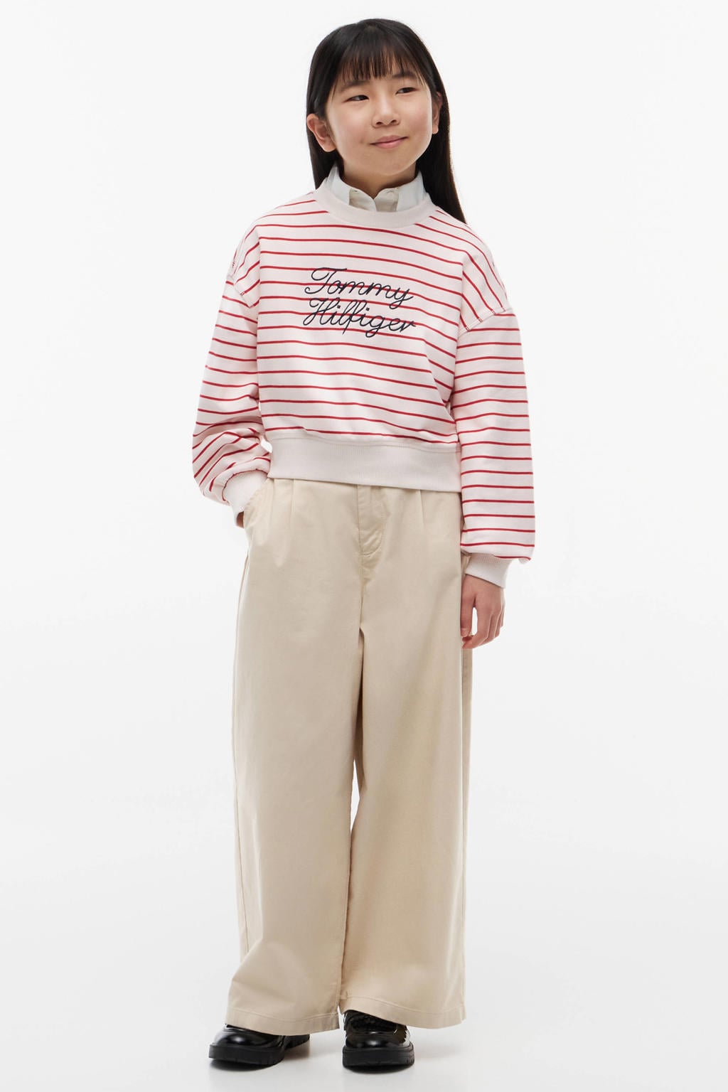 Rood en witte meisjes Tommy Hilfiger gestreepte sweater en borduursels met lange mouwen en ronde hals