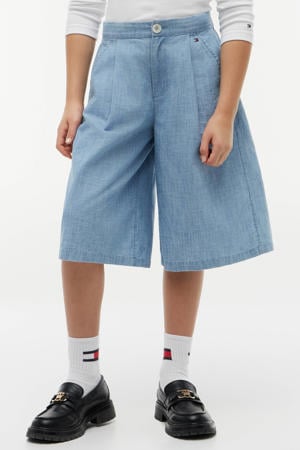 denim wide leg bermuda short met plooien - lichtblauw
