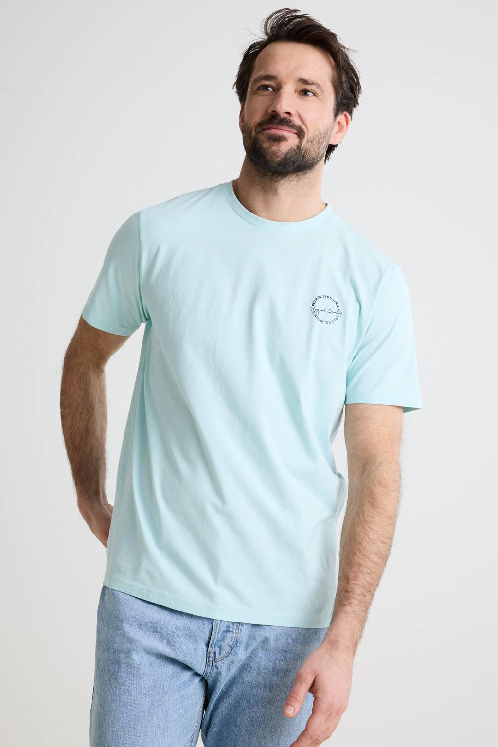 Mintgroene heren Petrol Industries regular T-shirt van katoen met effen, korte mouwen en ronde hals
