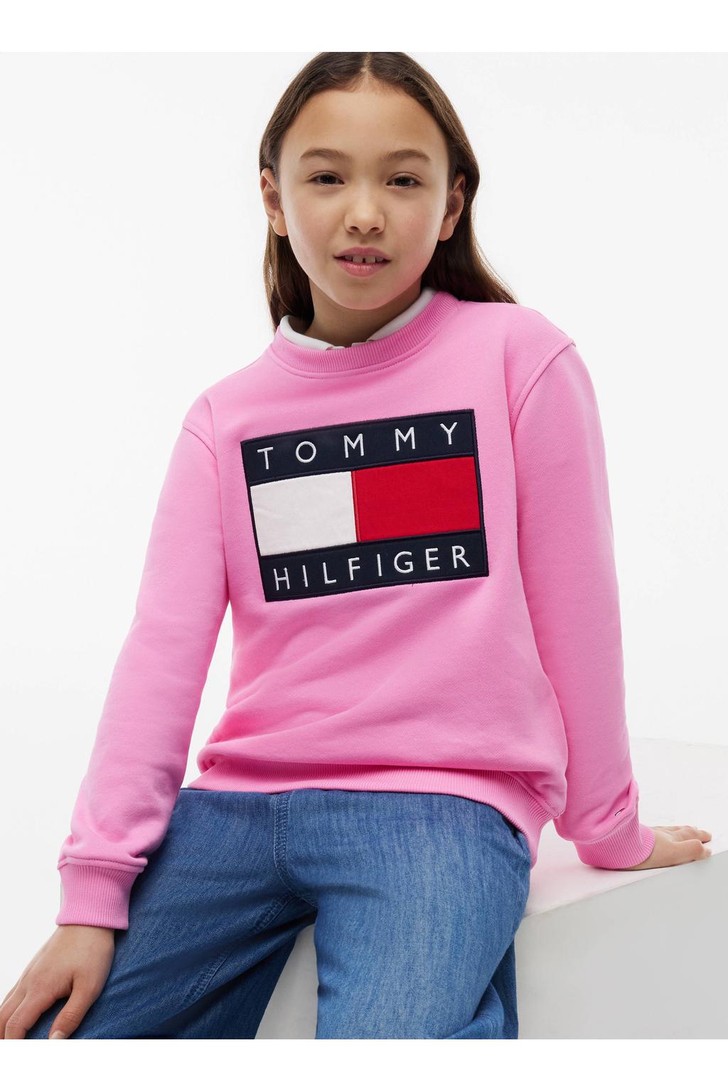 Roze jongens en meisjes Tommy Hilfiger sweater met logo dessin, lange mouwen, ronde hals en geribde boorden