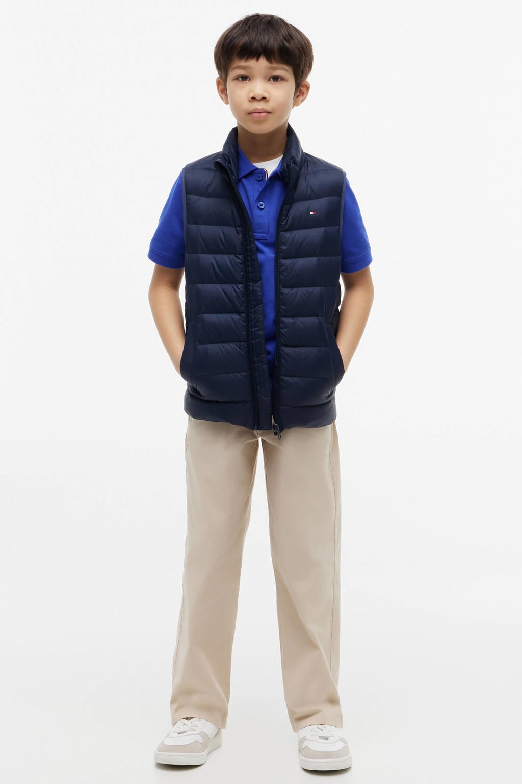 Donkerblauwe jongens en meisjes Tommy Hilfiger kids bodywarmer van nylon met effen, opstaande kraag en ritssluiting
