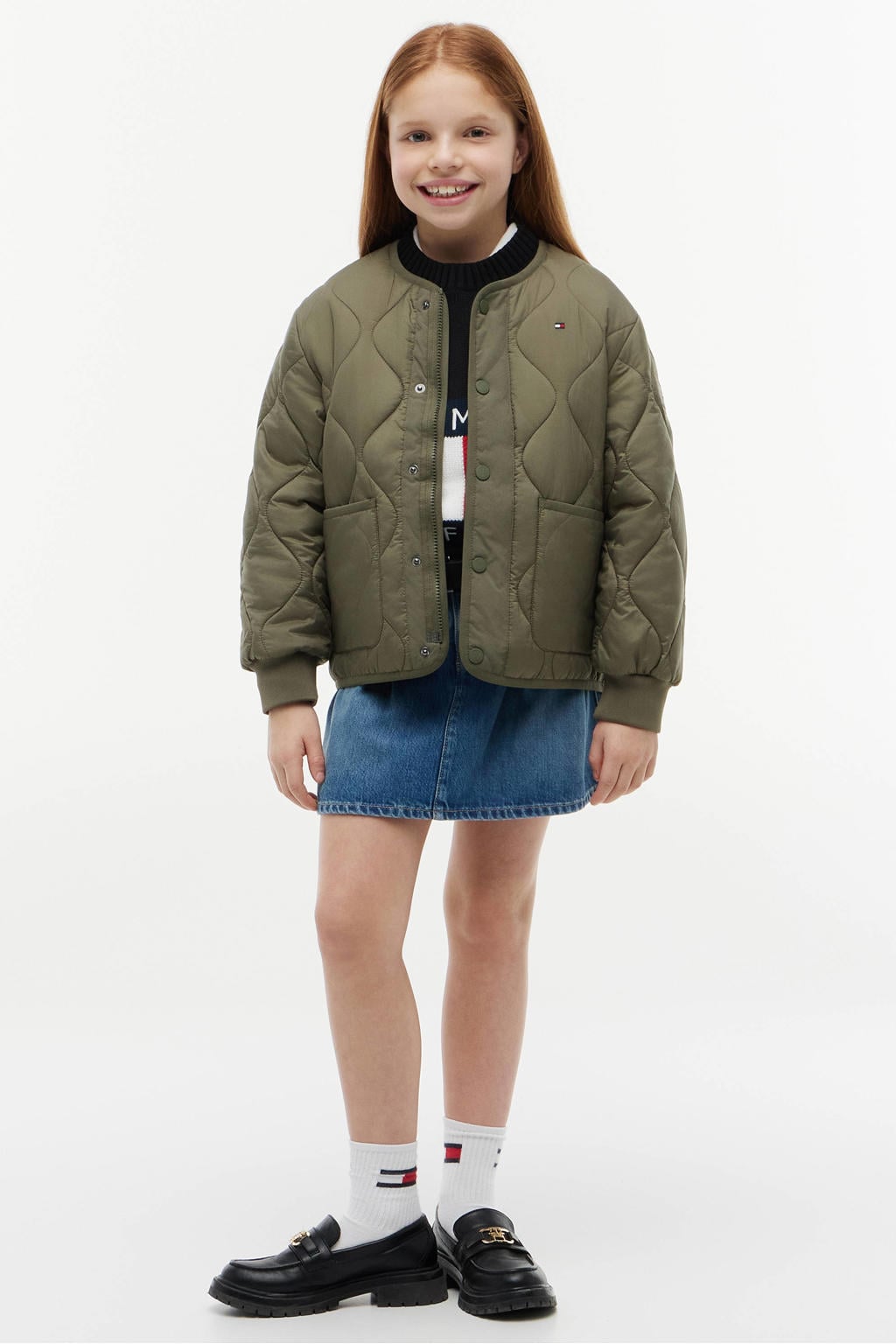 Groene jongens en meisjes Tommy Hilfiger kids quilted zomerjas van polyester met effen, lange mouwen, ronde hals en rits- en drukknoopsluiting