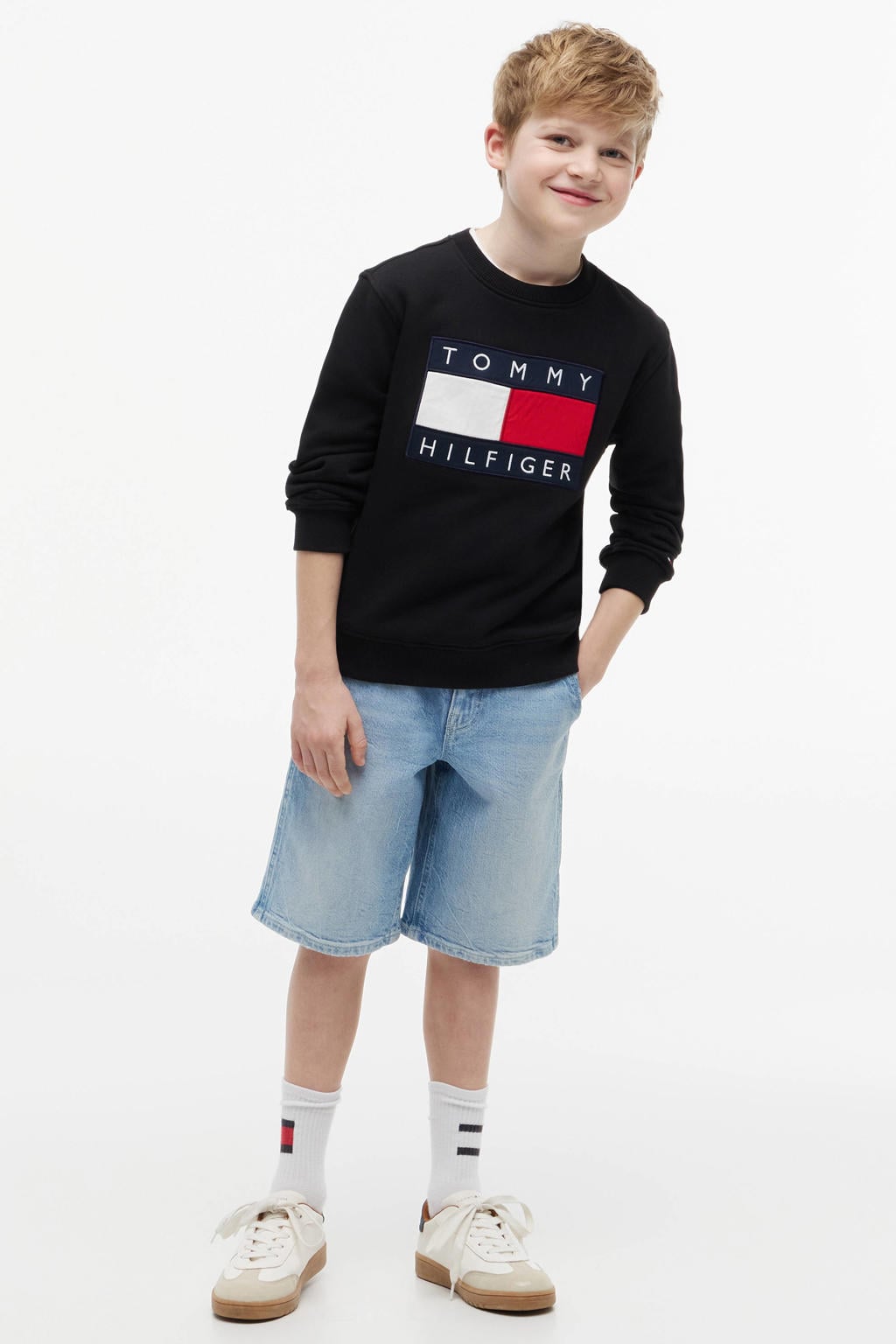Zwarte jongens en meisjes Tommy Hilfiger sweater met logo dessin, lange mouwen, ronde hals en geribde boorden