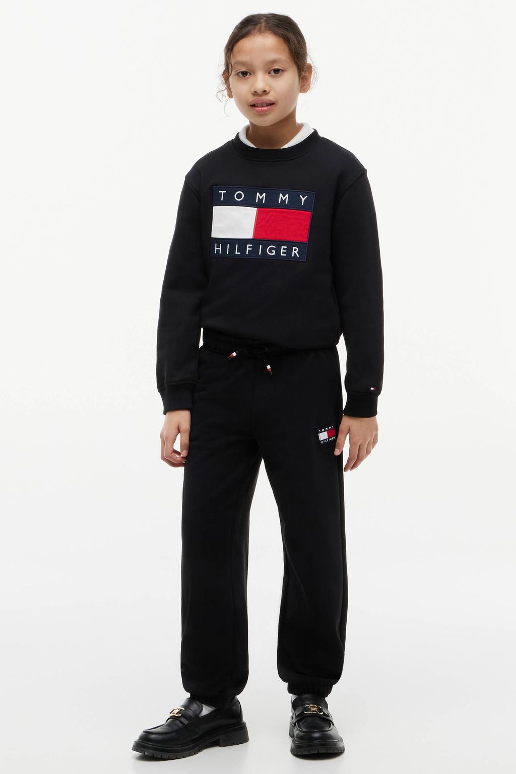 Zwarte jongens en meisjes Tommy Hilfiger casual broek van sweat materiaal met elastische tailleband met koord en effen