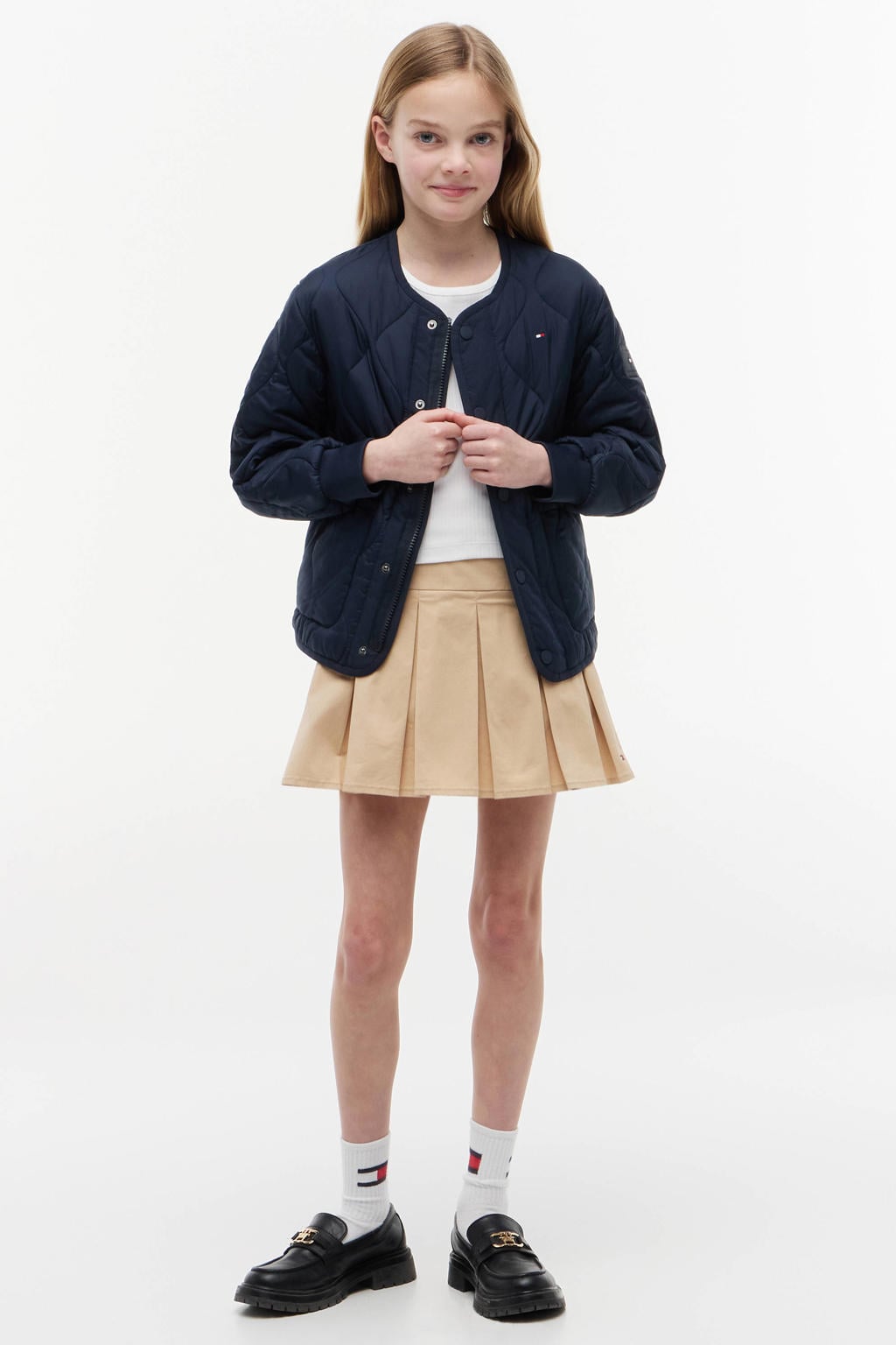 Donkerblauwe jongens en meisjes Tommy Hilfiger kids quilted zomerjas van polyester met effen, lange mouwen, ronde hals en rits- en drukknoopsluiting