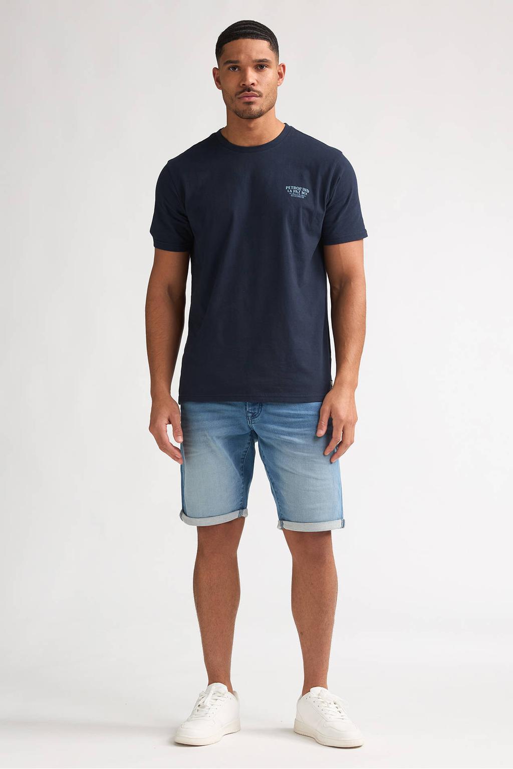 Donkerblauwe heren Petrol Industries regular T-shirt van katoen met backprint, korte mouwen en ronde hals