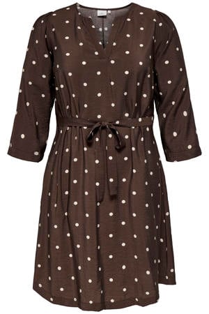 viscose korte jurk Plus Size met stippen - donkerbruin