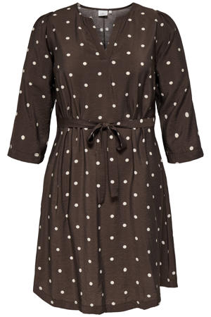 viscose korte jurk Plus Size met stippen - donkerbruin