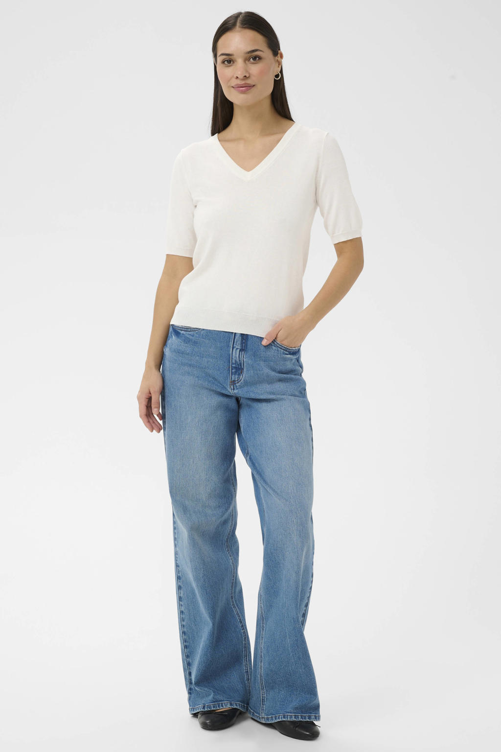 Ecru dames Kaffe T-shirt van viscose met effen, korte mouwen, V-hals en geribde boorden