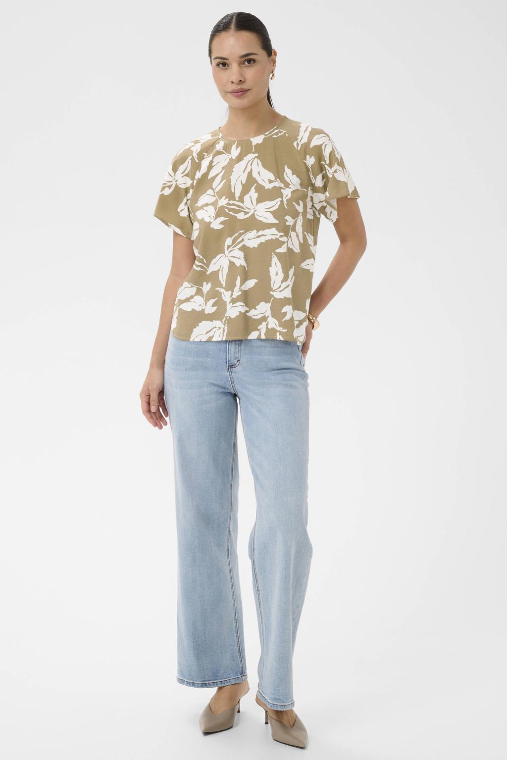 Bruine dames Kaffe blousetop van viscose met korte mouwen en ronde hals