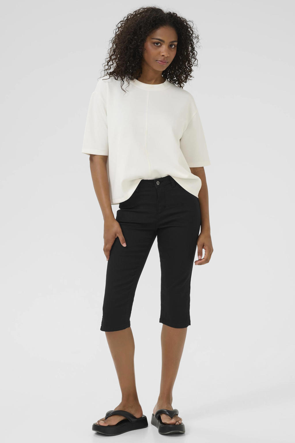 Zwarte dames Kaffe skinny regular waist capri van katoen met rits- en knoopsluiting en effen
