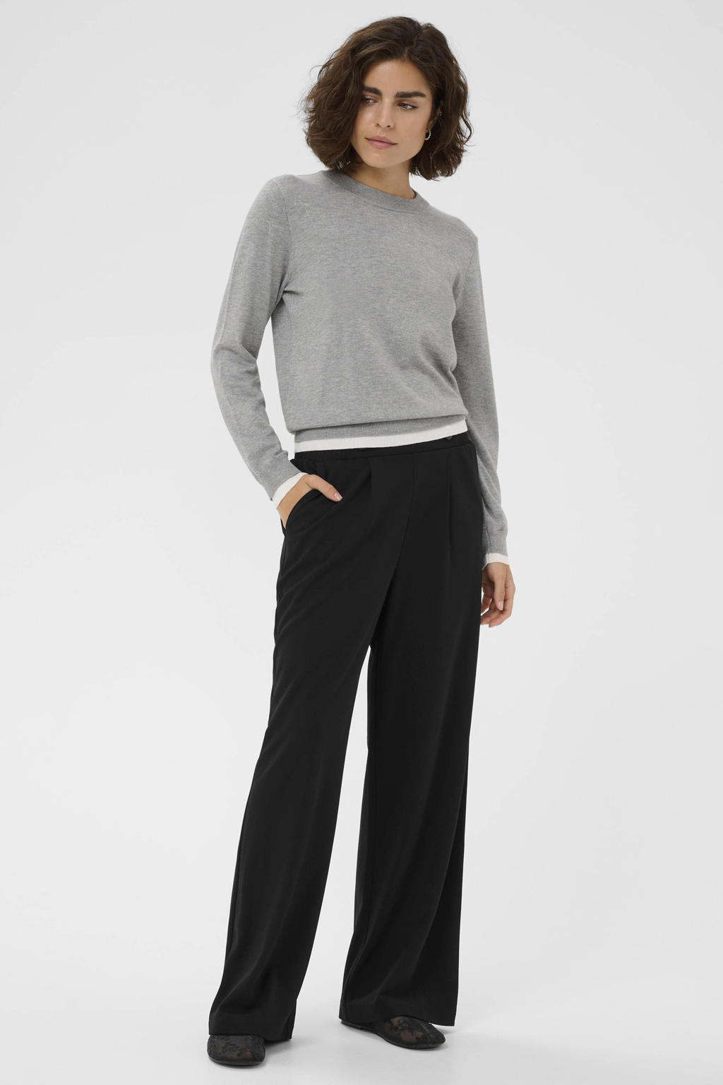 Zwarte dames Kaffe straight high waist pantalon van polyester met elastische tailleband en effen