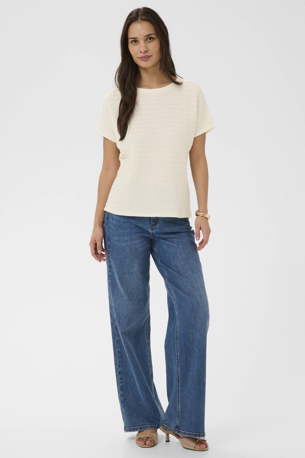 Ecru dames Kaffe top patroon van polyester met effen, korte mouwen en ronde hals