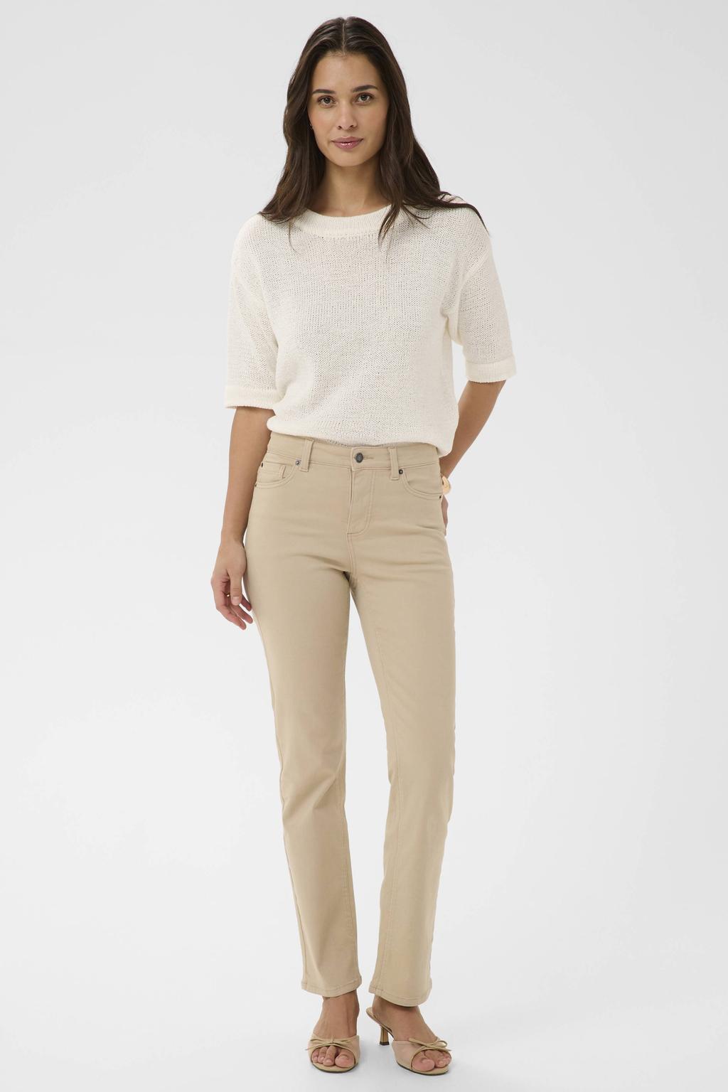 Beige dames Kaffe high waist bootcut jeans van denim met rits- en knoopsluiting en effen