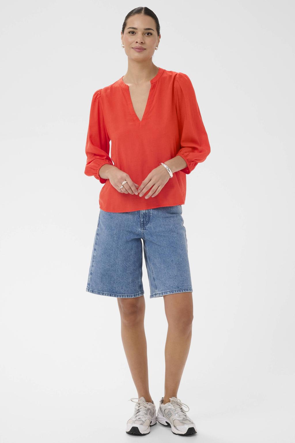 Rode dames Kaffe blousetop van viscose met effen, driekwart mouwen en V-hals