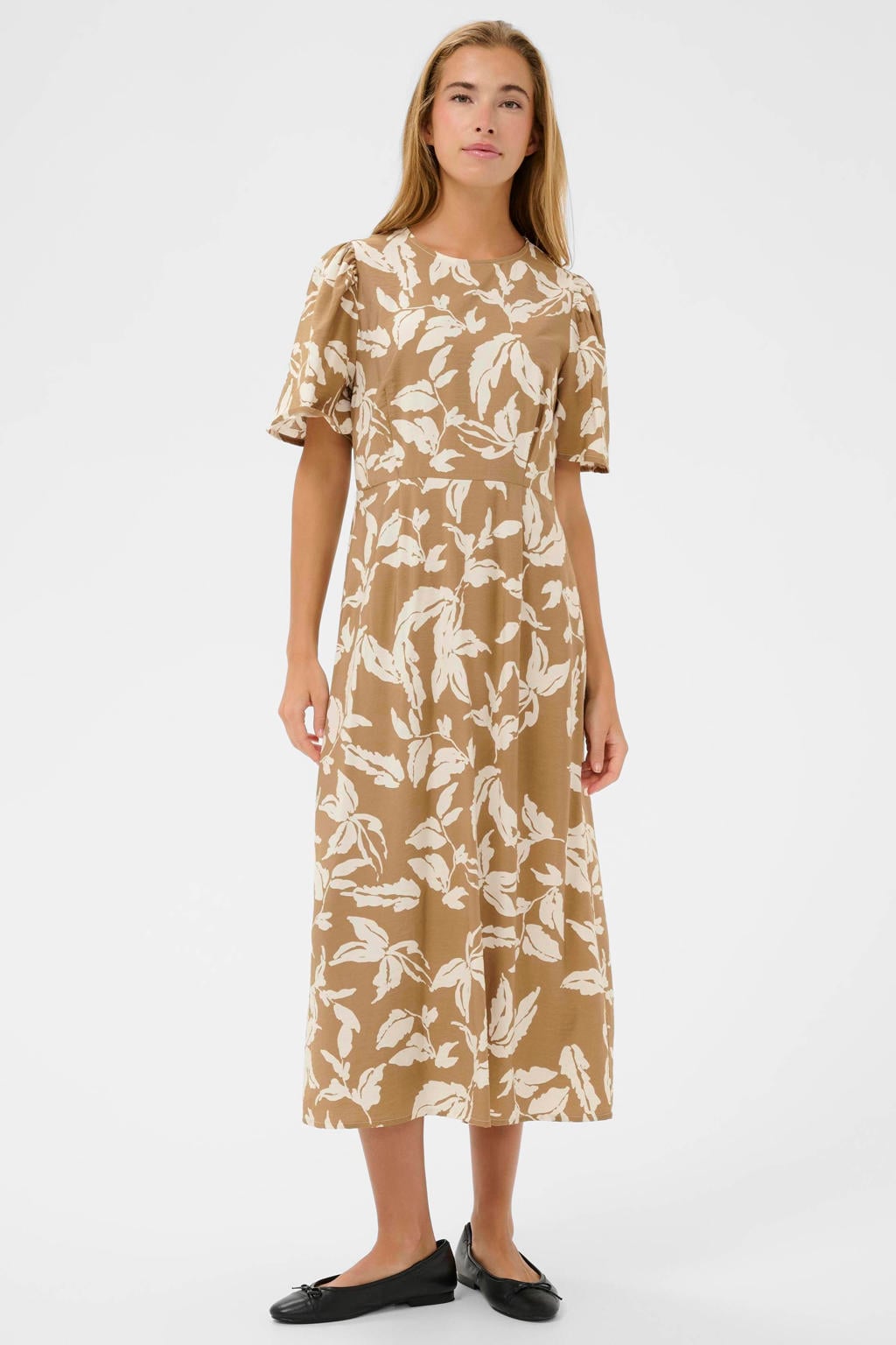 Beige dames Kaffe a-lijn jurk van viscose met bloemenprint, korte mouwen, ronde hals en ritssluiting