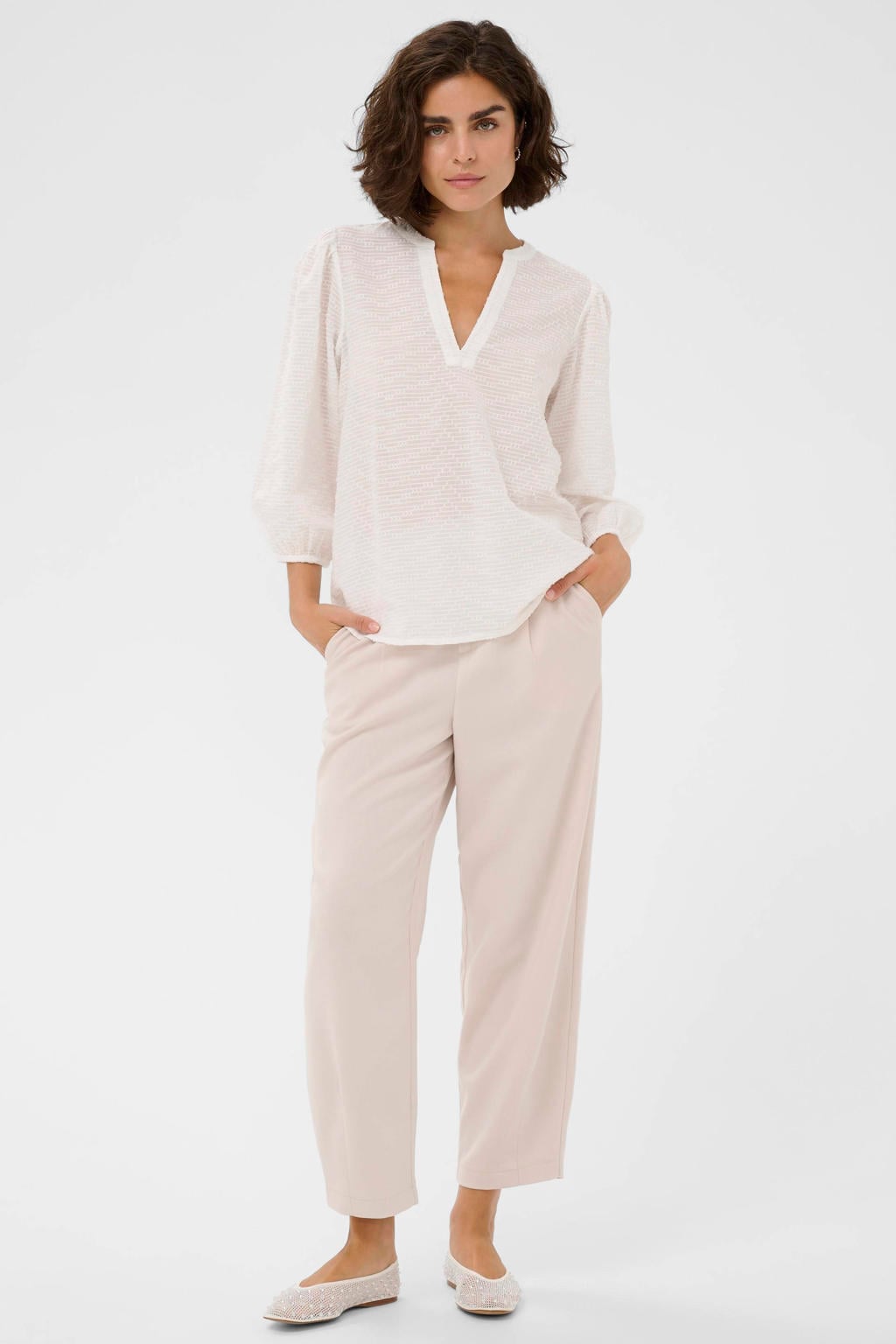 Witte dames Kaffe blousetop van katoen met effen, driekwart mouwen en V-hals