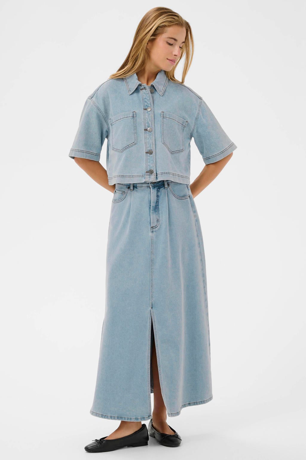 Medium blue denim dames Kaffe blouse van denim met effen, half lange mouwen, klassieke kraag en knoopsluiting