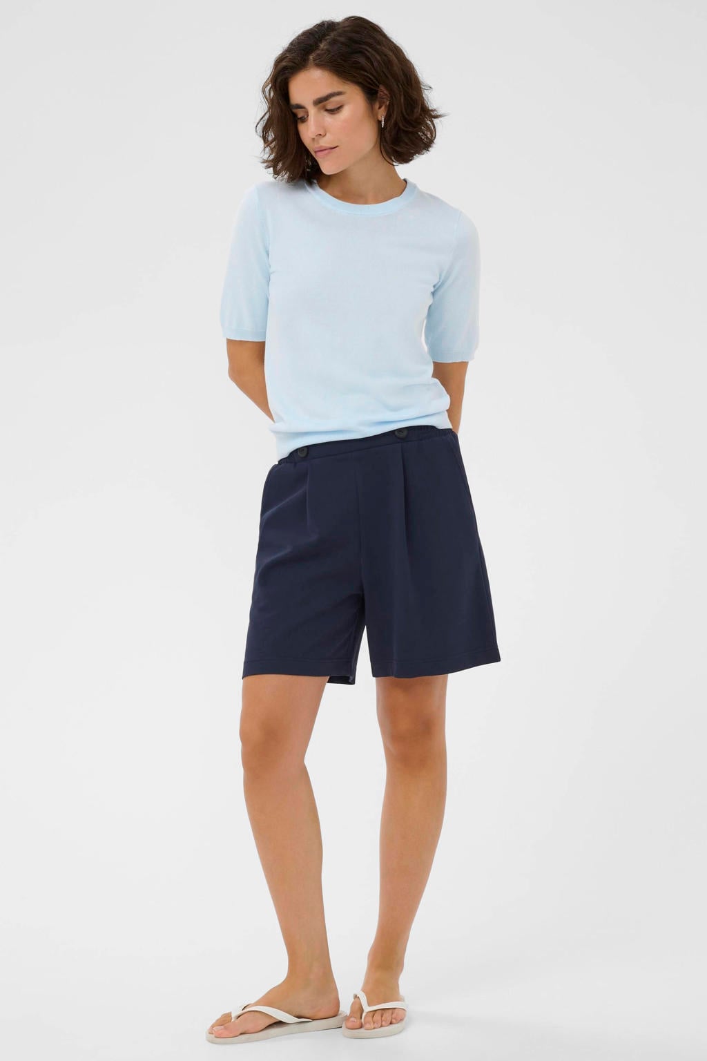 Donkerblauwe dames Kaffe regular high waist casual short van polyester met elastische inzet en effen