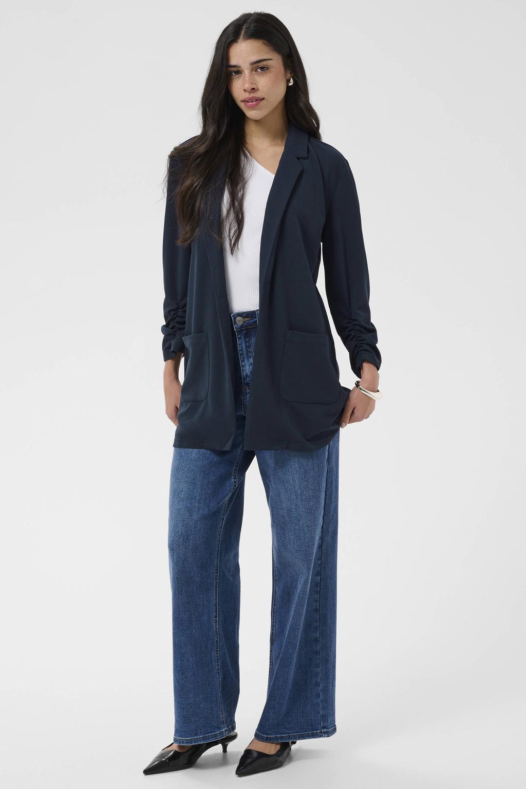 Donkerblauwe dames Kaffe regular blazer van polyester met effen, lange mouwen en reverskraag
