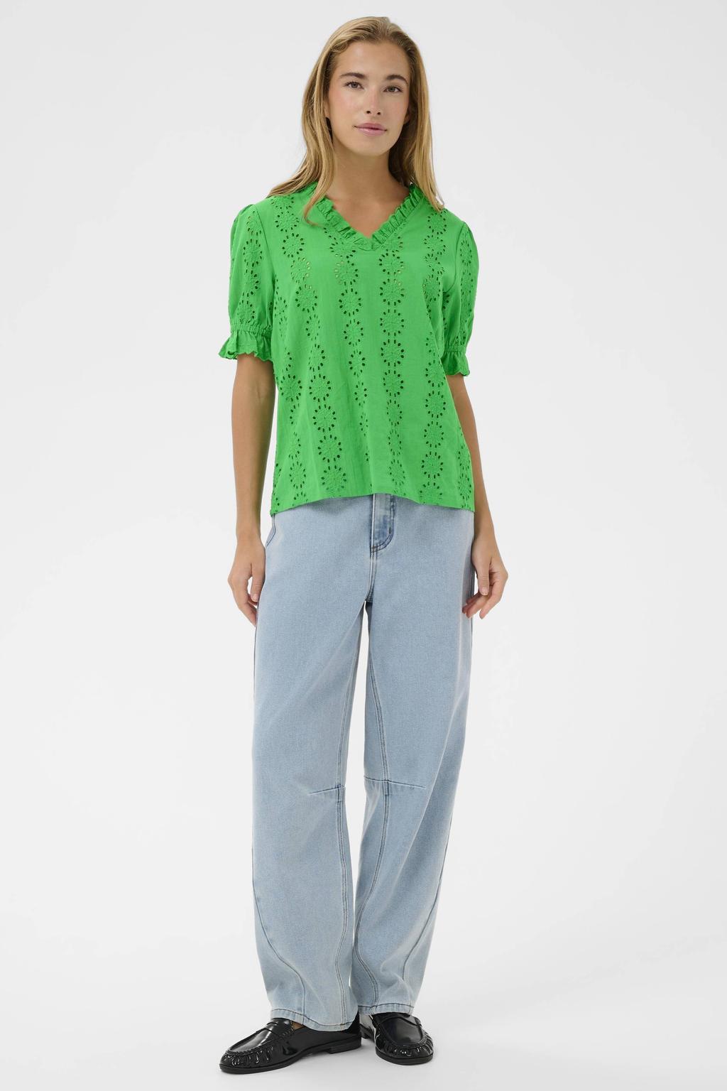 Groene dames Kaffe blousetop broderie van katoen met effen, korte mouwen en V-hals