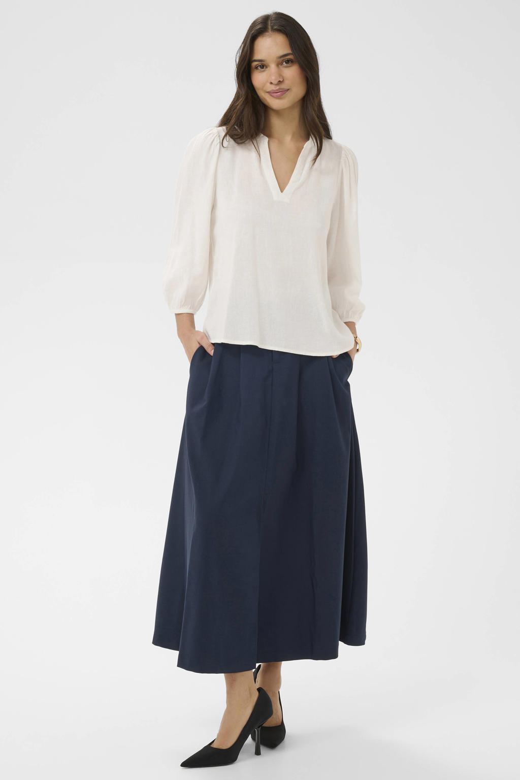 Ecru dames Kaffe blousetop van viscose met effen, driekwart mouwen en V-hals