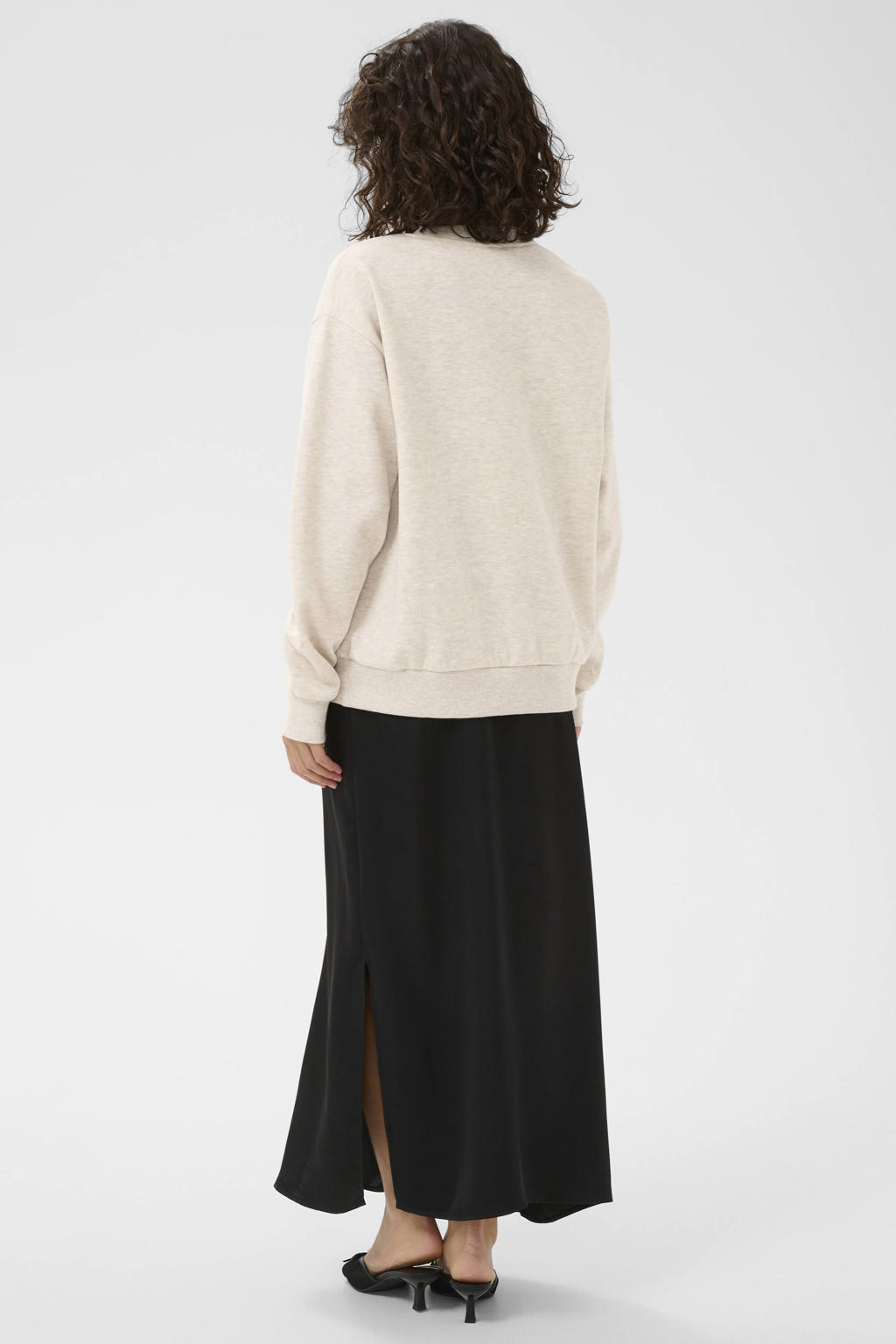 Beige dames Kaffe sweater van katoen met tekst print, lange mouwen, ronde hals en geribde boorden