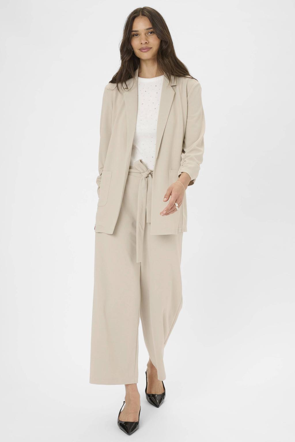 Beige dames Kaffe regular blazer van polyester met effen, driekwart mouwen en reverskraag