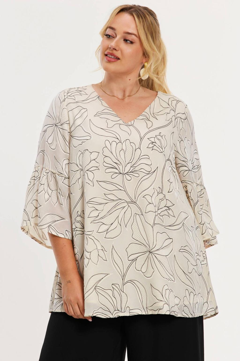 YOEK gebloemde tuniek beige