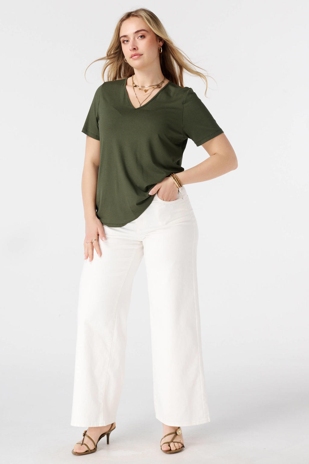 Groene dames MS Mode T-shirt van viscose met effen, korte mouwen en klassieke kraag