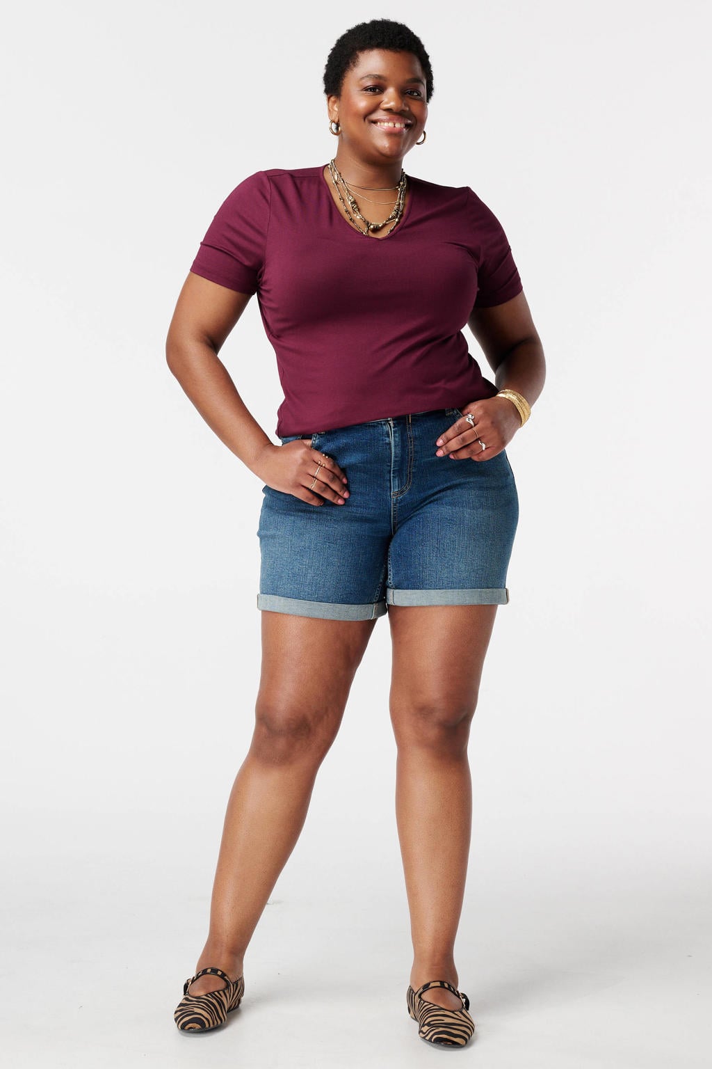 Donkerrode dames MS Mode T-shirt van viscose met effen, korte mouwen en klassieke kraag