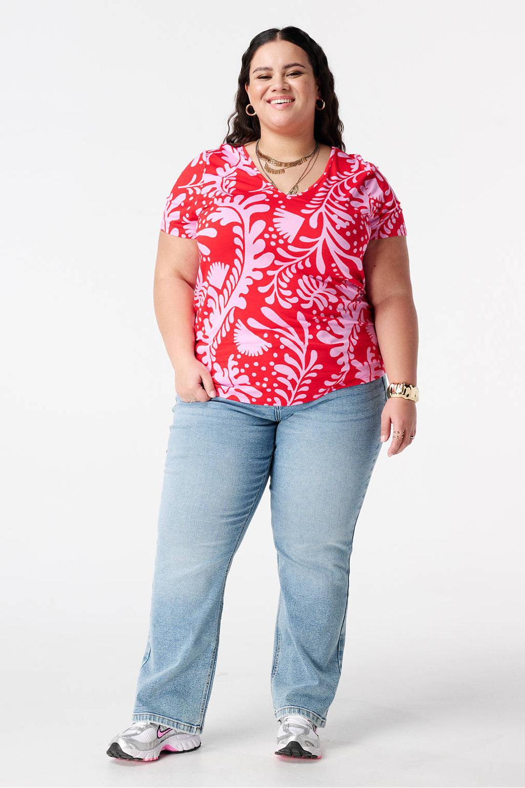 Rode dames MS Mode gebloemde T-shirt van viscose met bladprint, korte mouwen en klassieke kraag