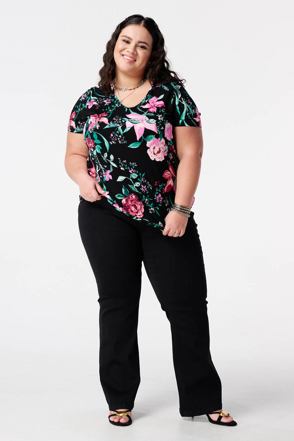 Multikleurige dames MS Mode gebloemde T-shirt van viscose met korte mouwen en klassieke kraag