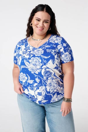 gebloemde T-shirt blauw