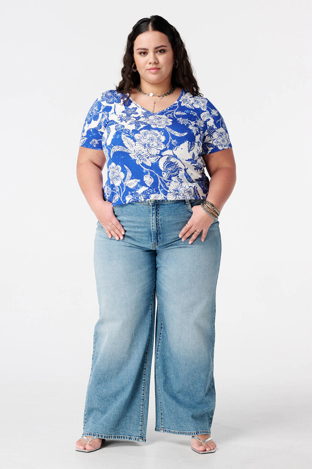 Blauwe dames MS Mode gebloemde T-shirt van viscose met korte mouwen en klassieke kraag