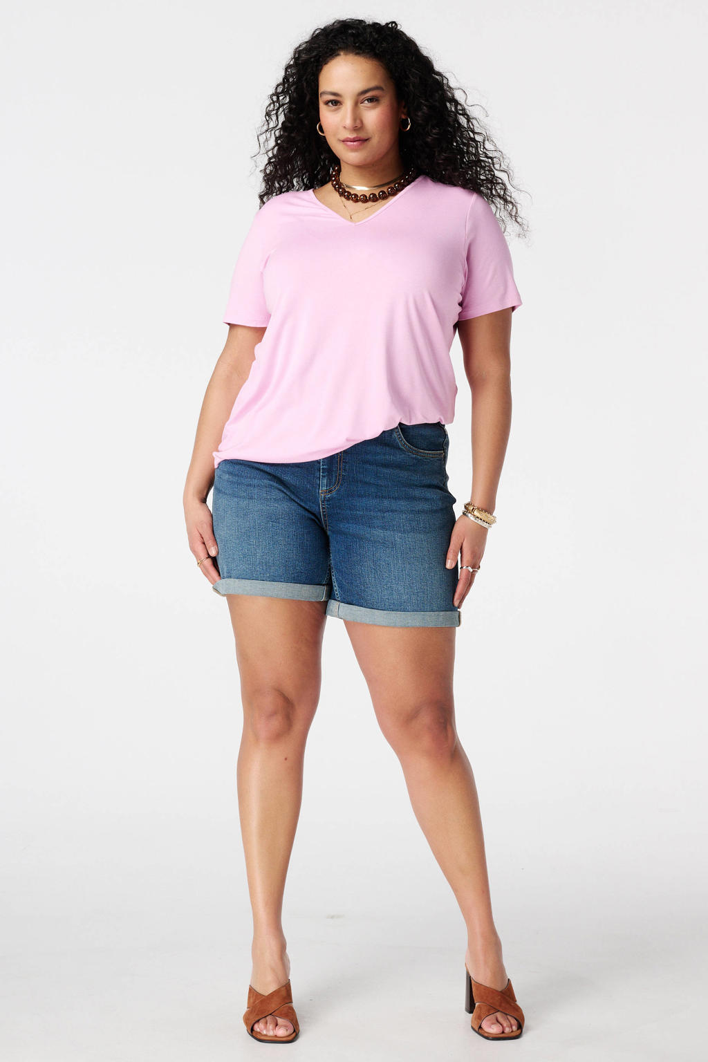 Roze dames MS Mode T-shirt van viscose met effen, korte mouwen en klassieke kraag