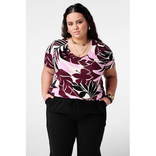 MS Mode gebloemde T-shirt donkerrood afbeelding