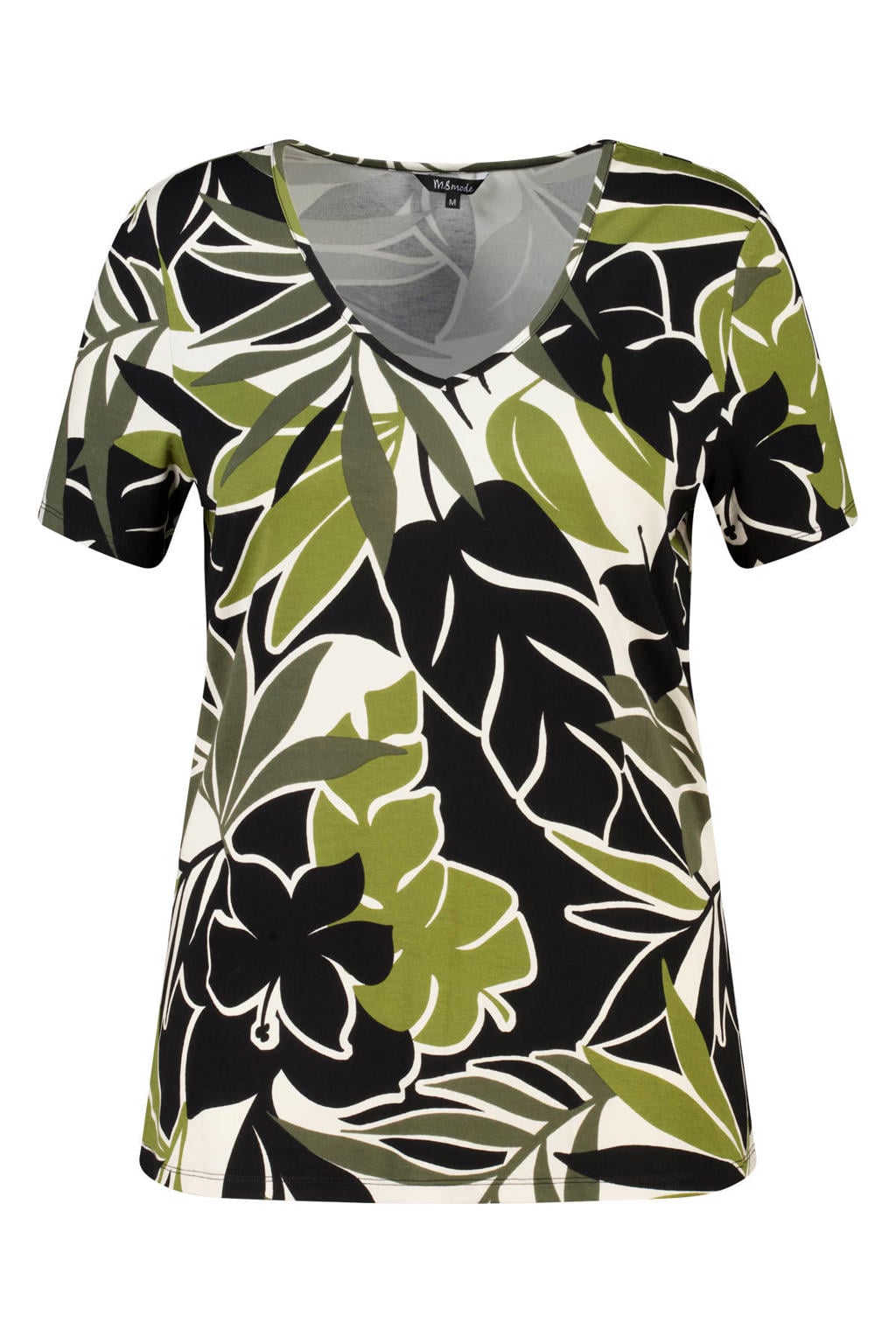 Groen, zwart en ecru dames MS Mode T-shirt van viscose met bloemenprint, korte mouwen en klassieke kraag