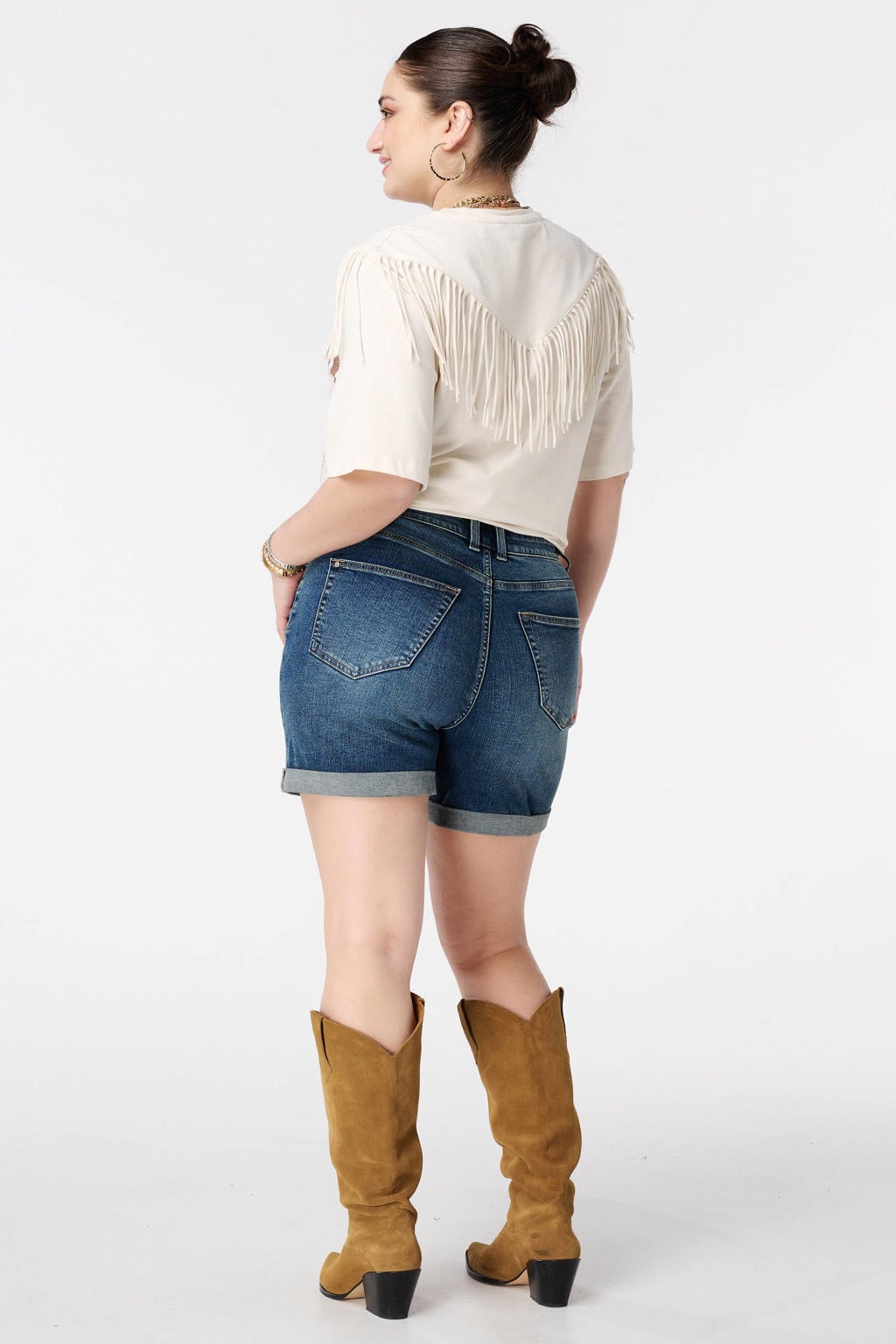 Medium blue denim dames MS Mode slim high waist short van denim met effen