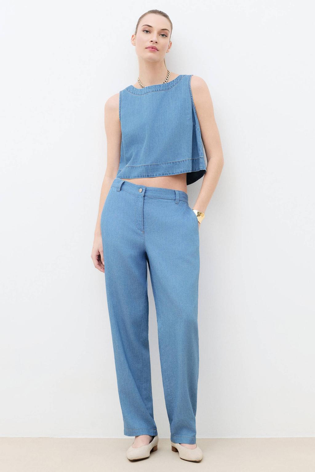 Light blue denim dames Caroll top van denim met effen en boothals