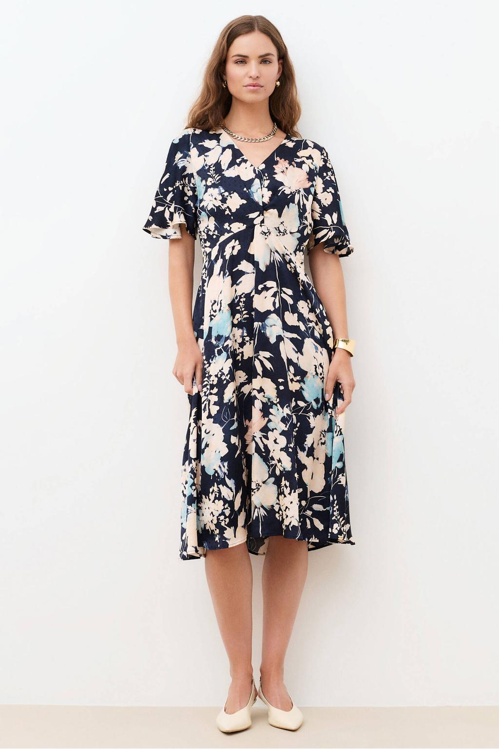 Marineblauw, marine en multikleurige dames Caroll gebloemde A-lijn jurk blauw van viscose met korte mouwen, V-hals en rits- en knoopsluiting