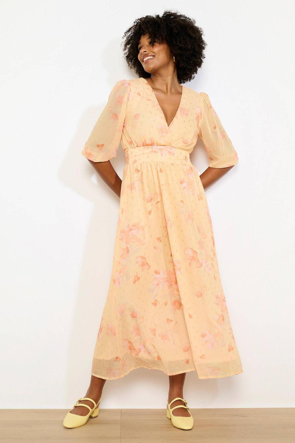 Geel en roze dames LOLALIZA gebloemde midi jurk van polyester met korte mouwen en overslagkraag