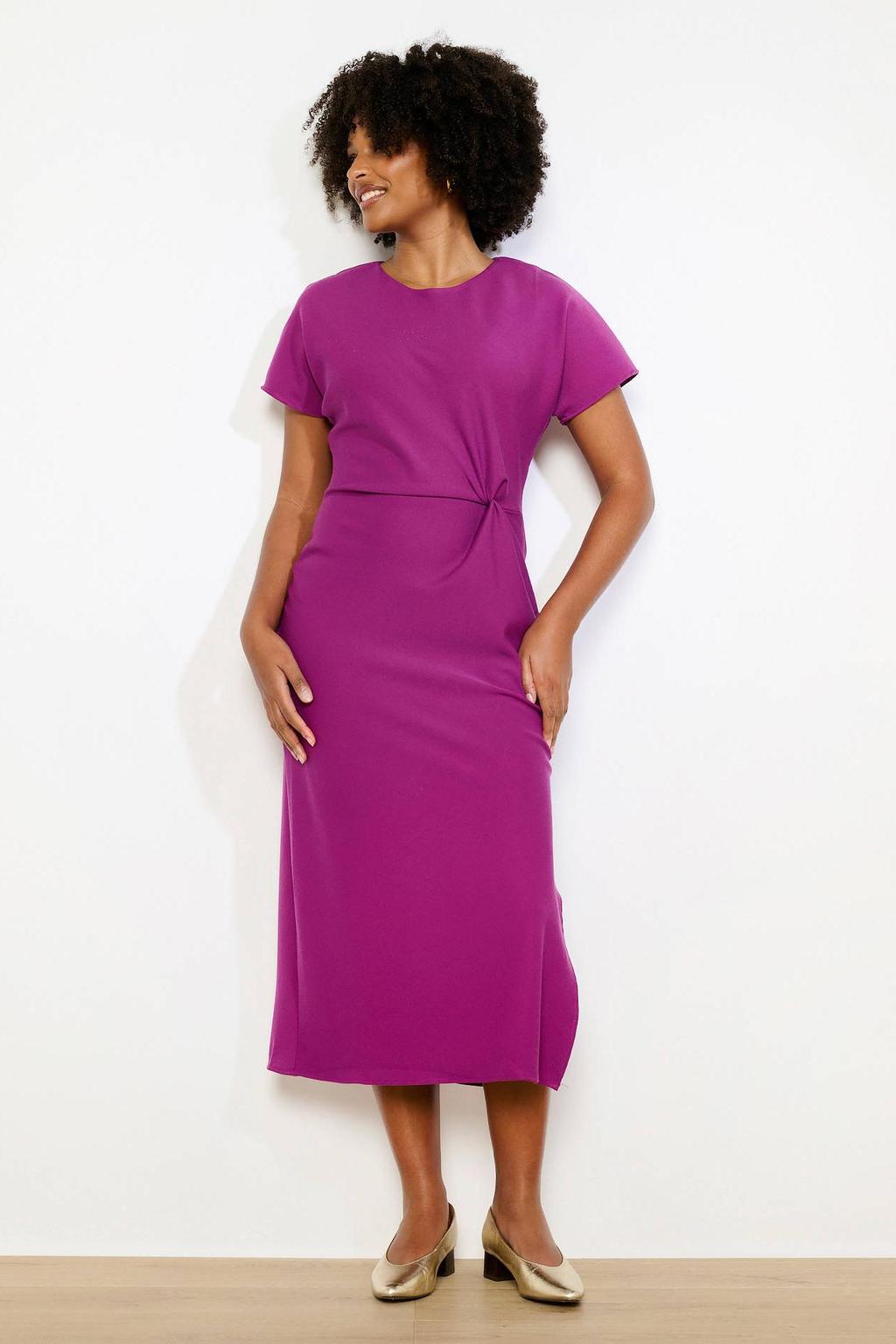 Fuchsia dames LOLALIZA midi jurk van polyester met effen, korte mouwen, ronde hals, knoopsluiting en knoopdetail