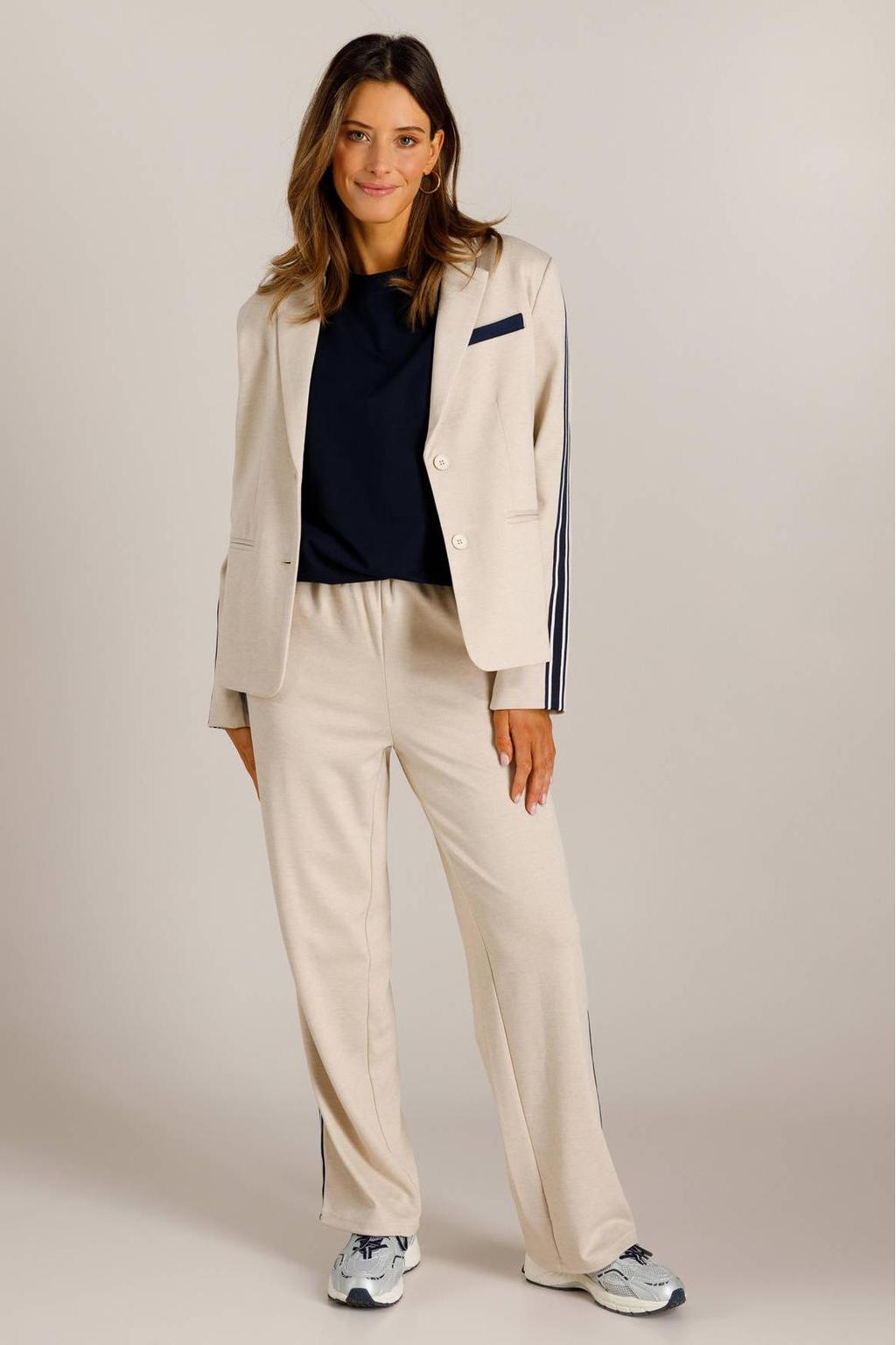 Beige dames Ivy Beau regular blazer van polyester met effen, lange mouwen, reverskraag, knoopsluiting en contrast bies