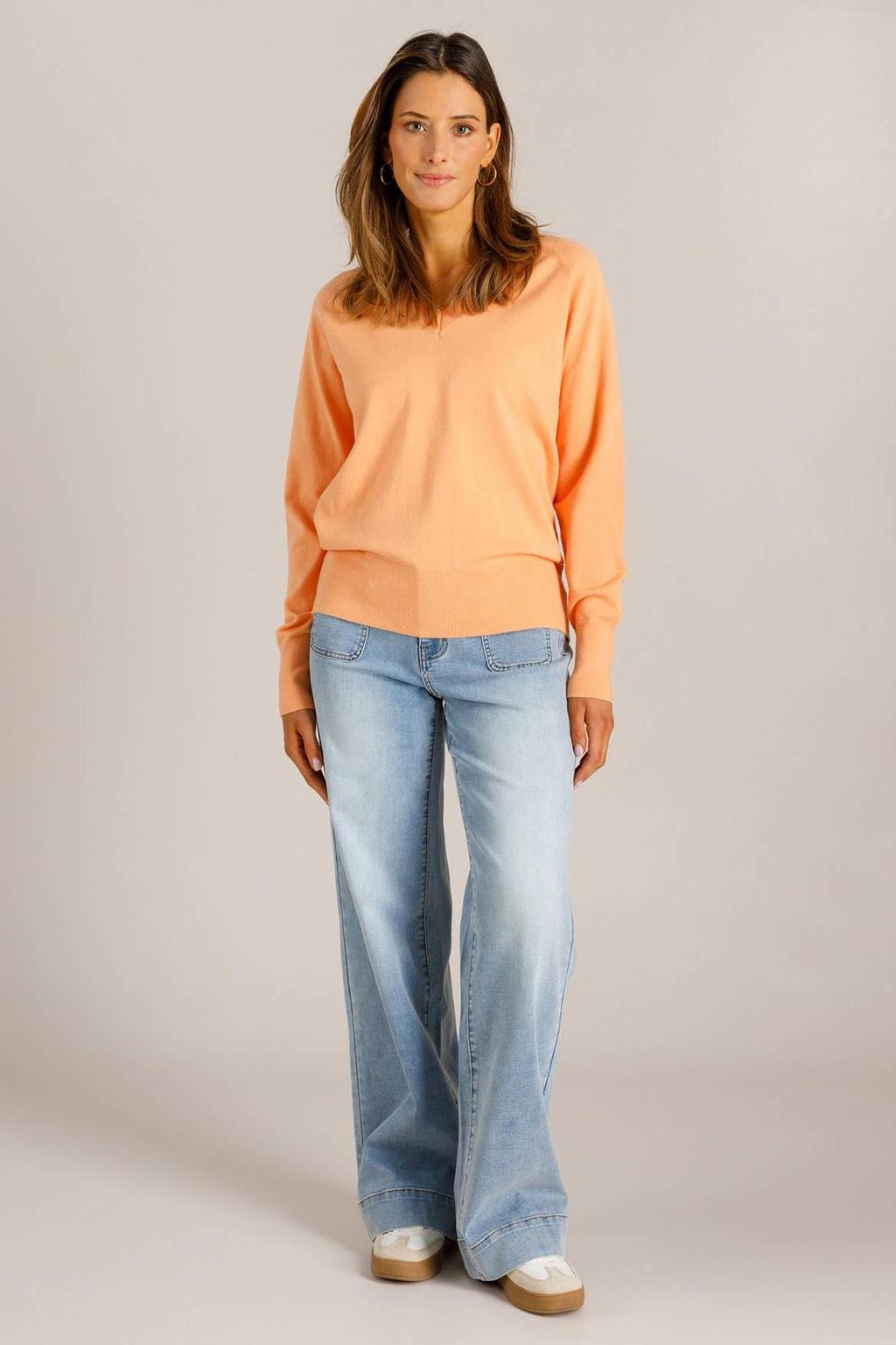 Oranje dames Ivy Beau pullover fijn gebreid van viscose met effen, lange mouwen en V-hals