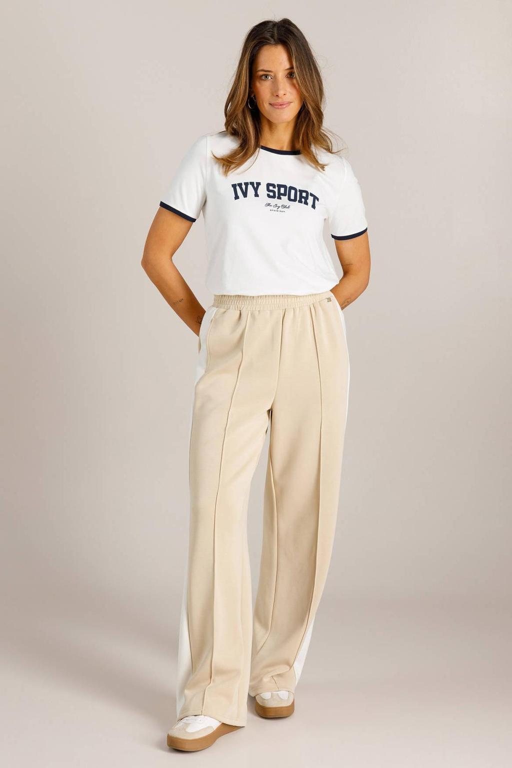 Beige dames Ivy Beau relaxed high waist gestreepte broek van polyester met elastische tailleband